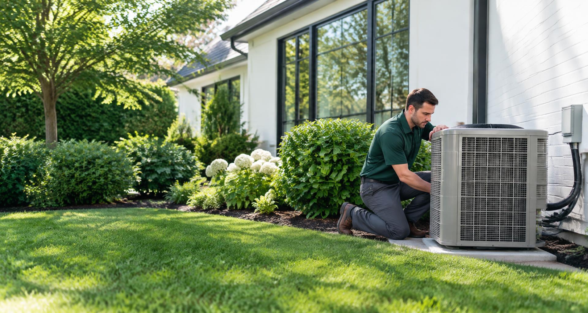 Heating and air technician inspecting a heat pump beside a home